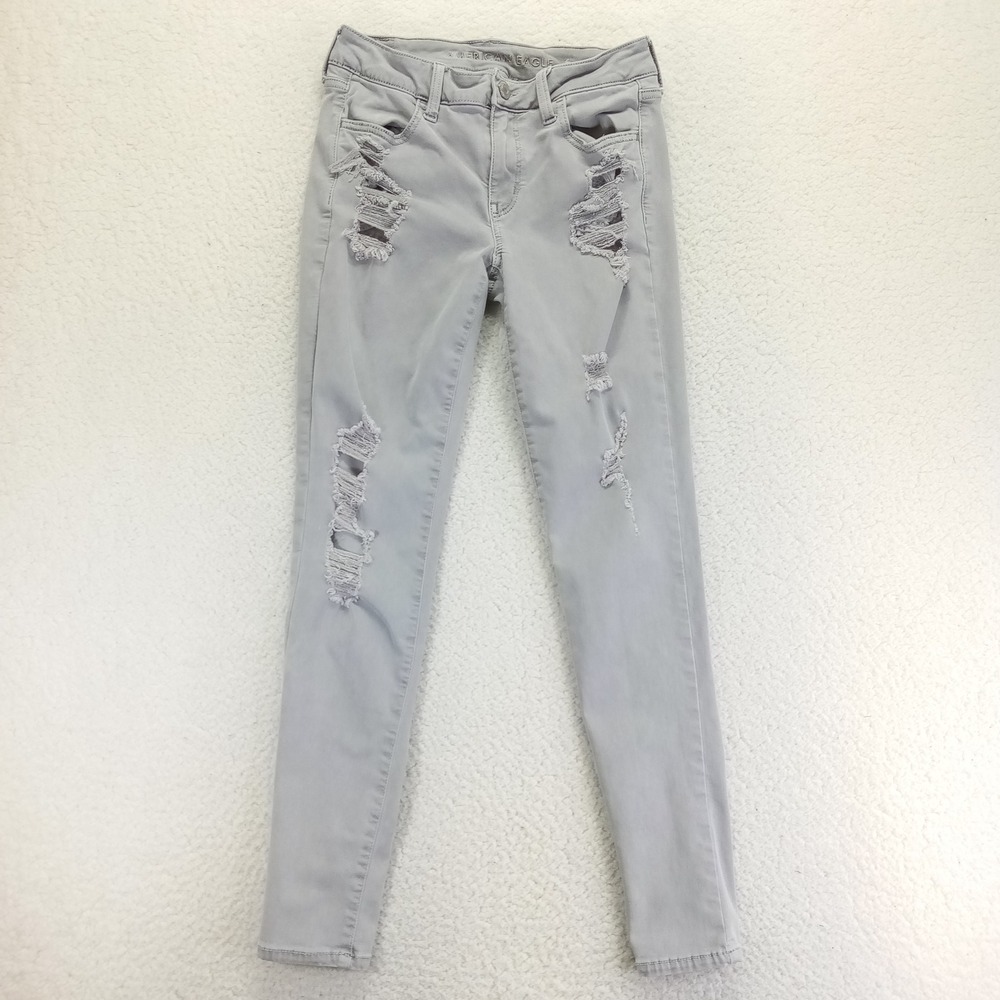 American Eagle Super Stretch Jegging Womens 8‎ Regular Grey Distressed Ripped